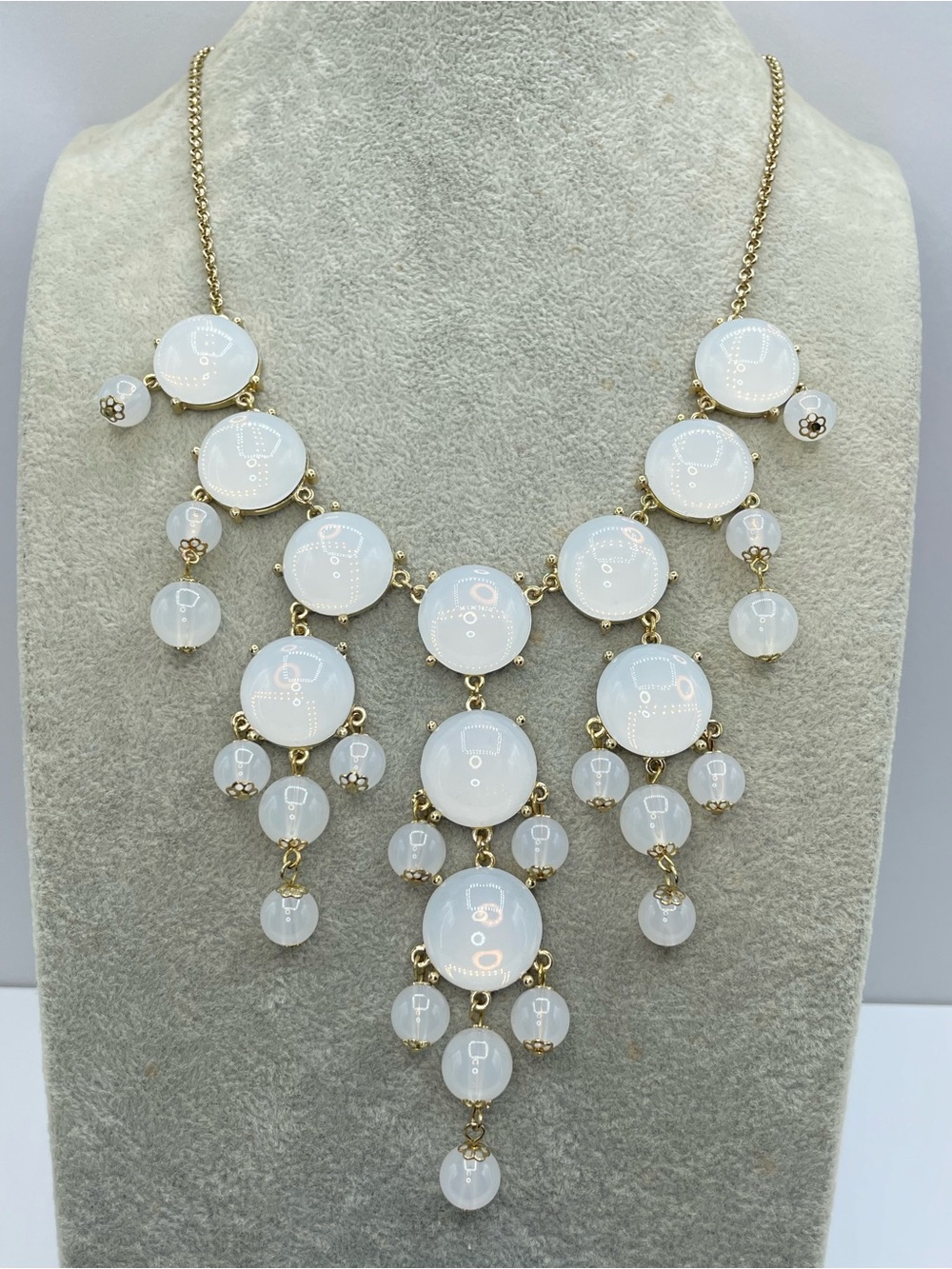 Gold Tone White Acrylic Beaded Chandelier Bib Statement Necklace